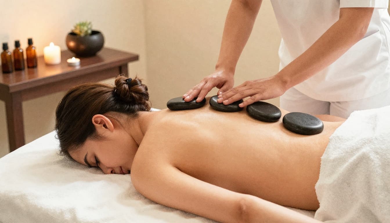 Heated stones on back of relaxed person lying face down, Thai stretch pose nearby, essential oil bottles and candles in spa.