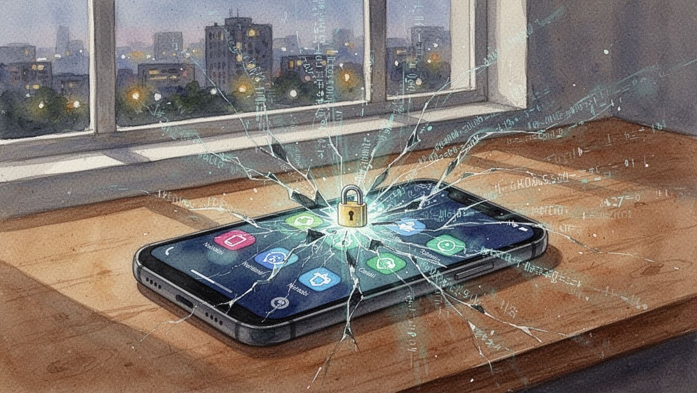 Watercolor-style depiction of a locked smartphone screen cracking under digital code streams during an unauthorized hacking attempt on a Kenyan bank app, with blurred M-Pesa logo and Nairobi lights in the background.