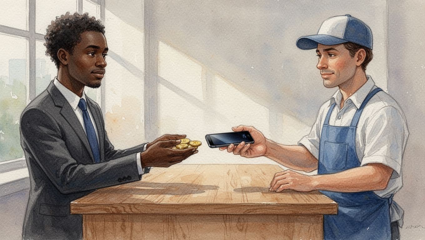 Watercolor illustration of a Kenyan businessperson at a shop counter exchanging coins for a phone, depicting contractual consideration with soft blending, brush texture, warm tones, and natural light.