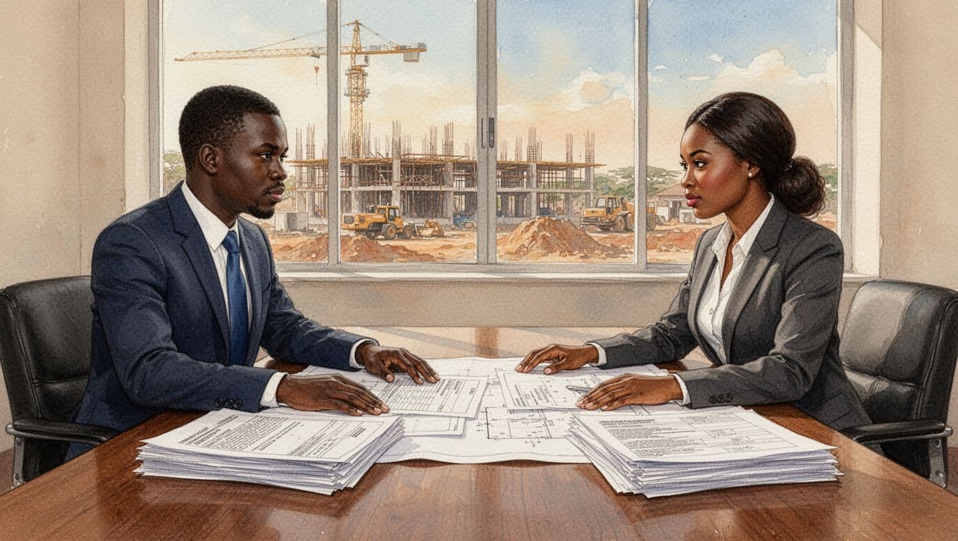 Watercolor style scene in a bright Kenyan law office overlooking a construction site, featuring one man and one woman in business attire seated across a wooden table reviewing construction contracts and blueprints.