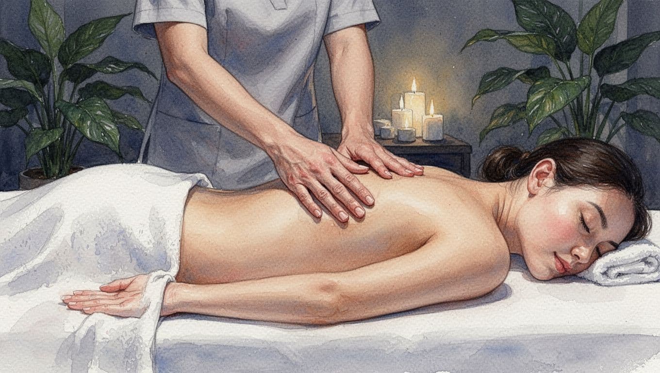 Massages in Langata: A Clear Guide from Fortune Massage & Spa 11 Watercolor painting shows therapist hands applying pressure to client's draped upper back on massage table in spa room with plants and dim light.