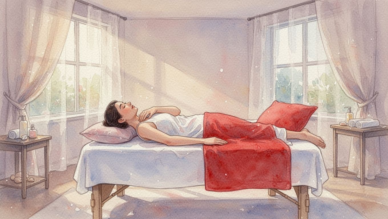 Mobile Massage Nairobi: Prices, Booking, and Safety 13 Xxnairobi Escorts-Nairobi Escorts Near You For Fun A watercolor painting of someone resting on a massage table with a bold red towel.