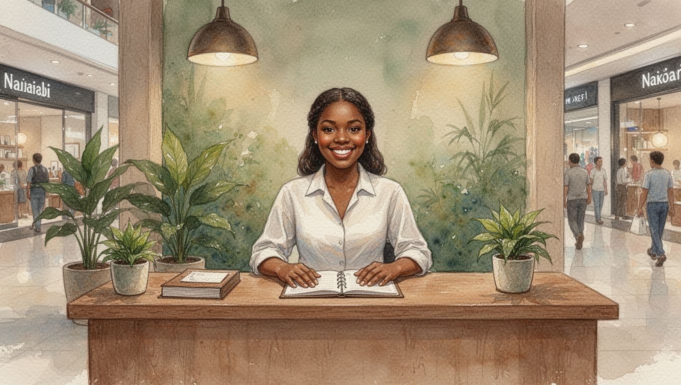 Watercolor style cozy spa reception desk on second floor of Nairobi mall, friendly smiling receptionist at wooden desk with plant and appointment book in serene earth tones and warm lighting.