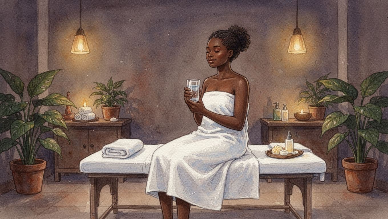 Watercolor illustration of a relaxed client sitting on a massage table wrapped in a towel, holding water, in a peaceful Nairobi spa with warm lights and plants.