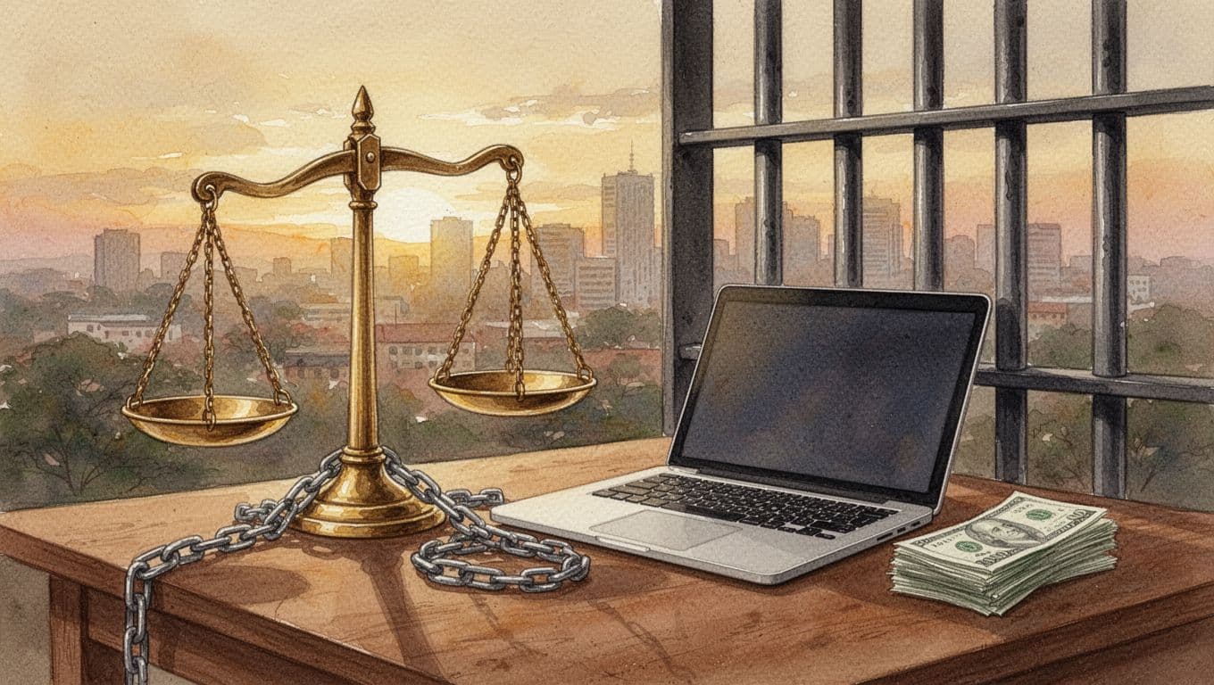 Watercolor-style scales of justice tipping toward prison bars and stacked Kenyan shilling notes beside a chained laptop on a table, with blurred Nairobi skyline in sunset background using warm earth tones.