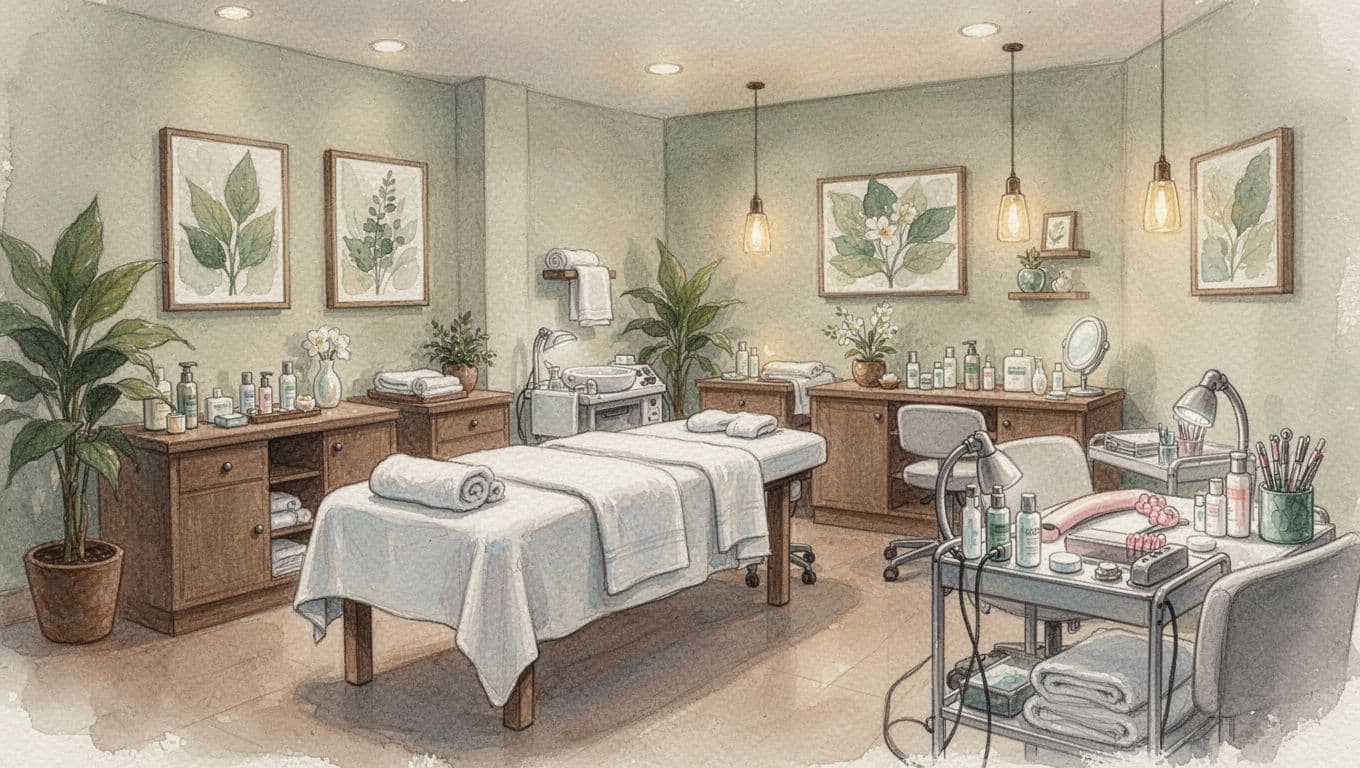 Inviting watercolor-style spa interior with soft blending, featuring connected stations for a draped massage table, facial setup with products, and nail care area with tools, in warm earth tones and serene atmosphere.