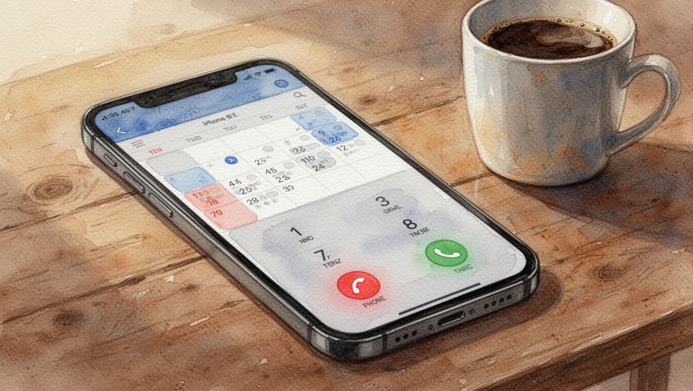 Watercolor style close-up of a smartphone screen showing calendar app and phone dialer on a wooden table with coffee mug nearby, featuring soft blending, brush texture, warm lighting, and earth tones.