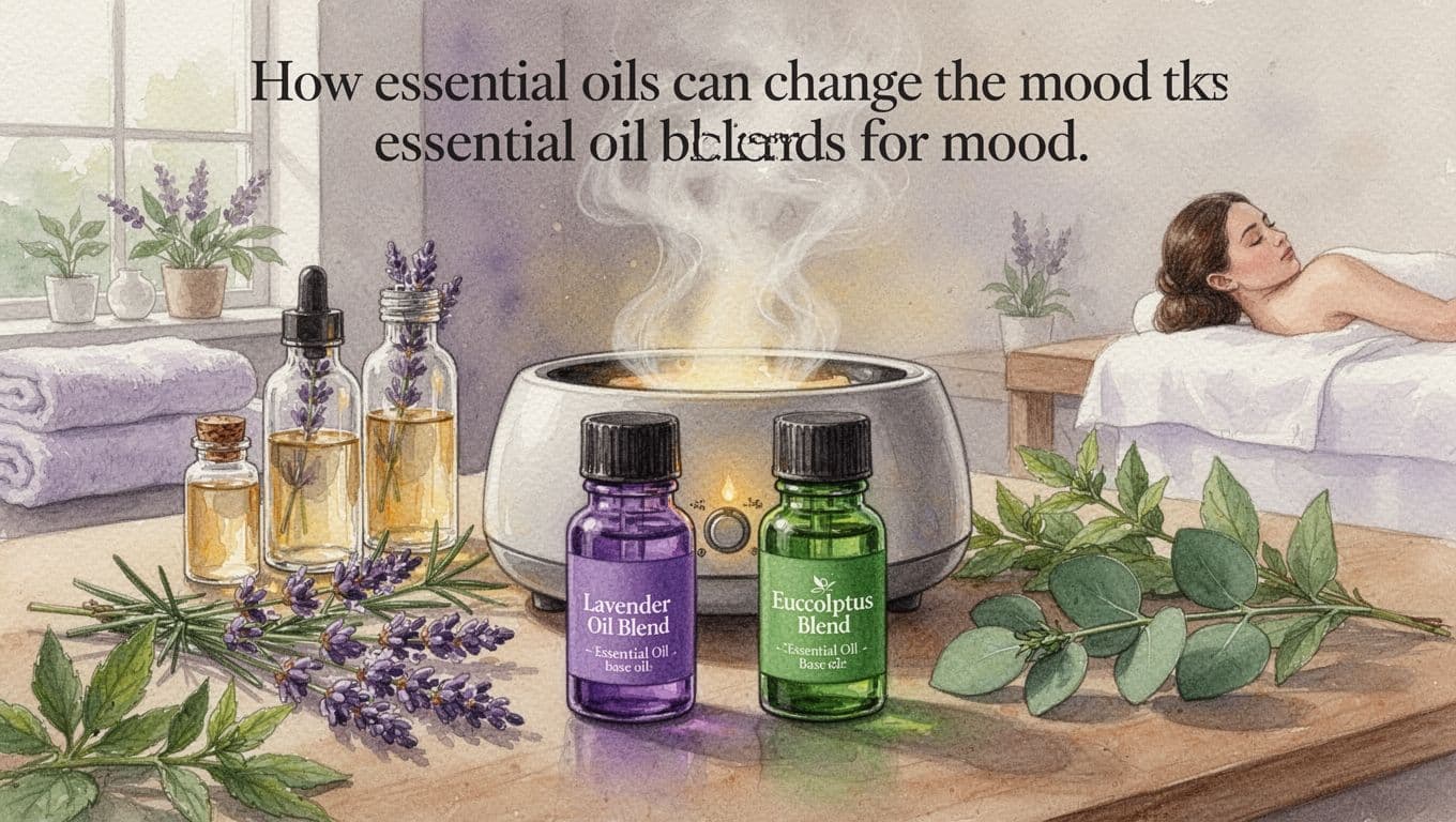 Serene watercolor scene in a calm spa room with small vials of lavender (purple tones) and eucalyptus (green tones) essential oil blends next to base oils, steam rising from a warmer, surrounded by fresh herbs under soft warm lighting.