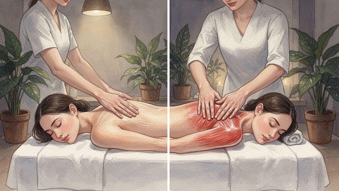 Watercolor split scene in spa room shows client face down: left gentle back strokes, right firm shoulder pressure.