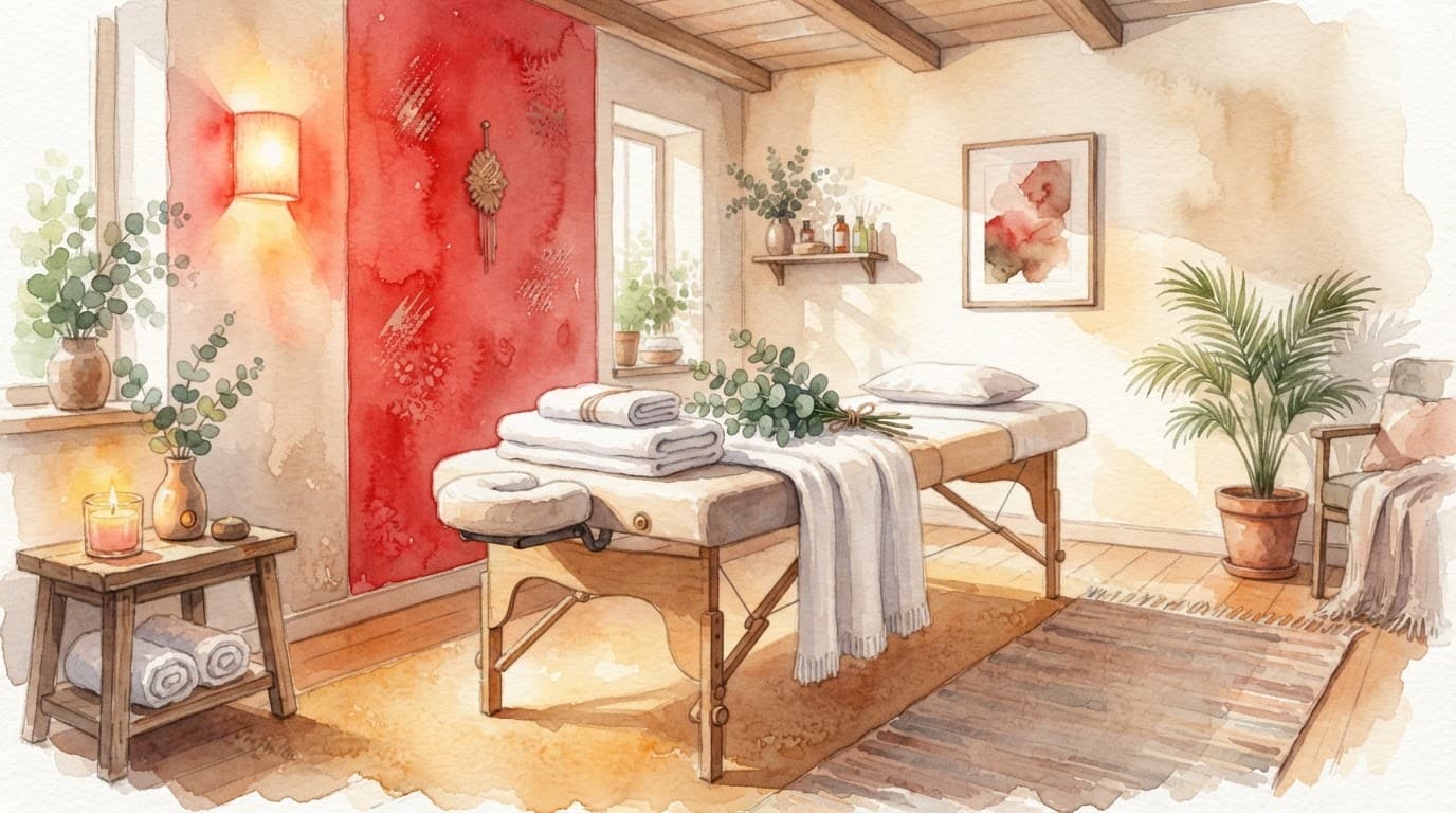 Nairobi Massage: How to Choose a Safe, Comfortable Session 8 Xxnairobi Escorts-Nairobi Escorts Near You For Fun A softly lit spa room with a massage table, white towels, and eucalyptus branches.
