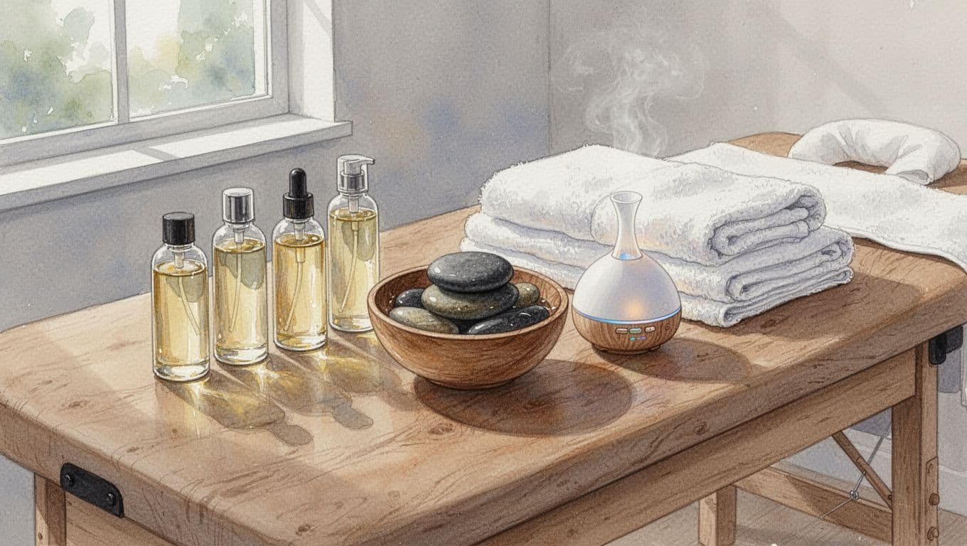 Wooden spa table holds essential oil bottles, hot stones in bowl, folded towels, and aromatherapy diffuser.