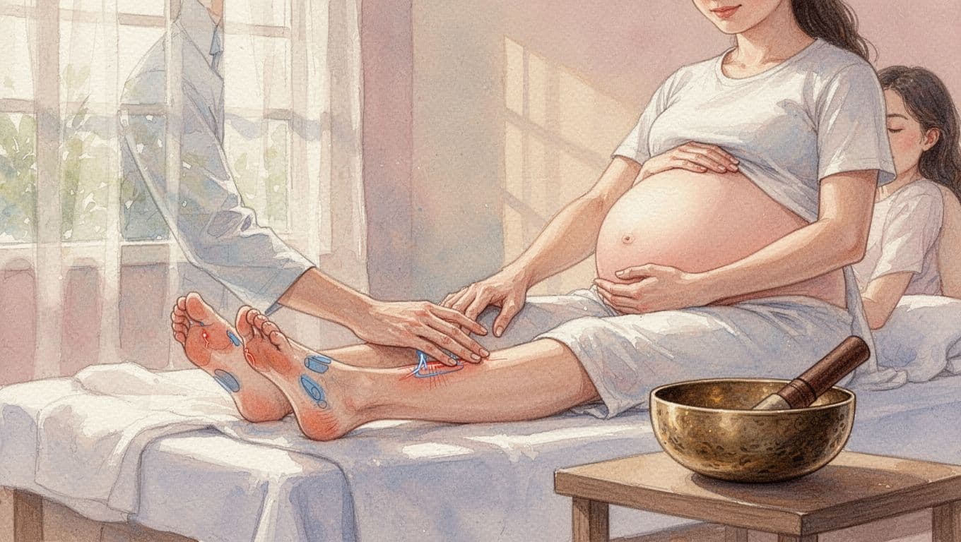Watercolor shows foot reflexology with subtle points and singing bowl near prenatal massage in serene room.