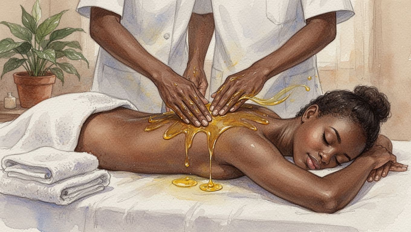 Watercolor illustration of therapist's hands applying warm glistening oil with flowing strokes to a client's upper back and shoulders on a massage table in a calm Nairobi spa room.