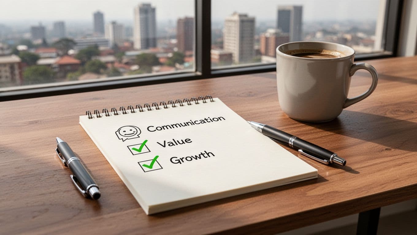 Clean notepad on modern wooden desk shows simple shortlist checklist with checkmarks next to communication, value, and growth icons; pen, coffee mug nearby, blurred Nairobi skyline in background.
