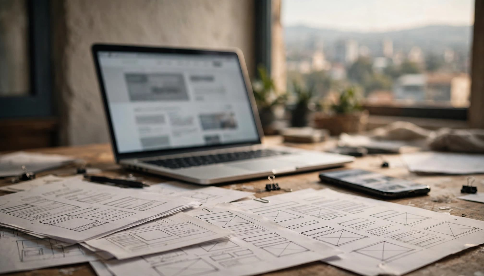 Wireframe sheets sit beside a laptop and phone in a sunlit Nairobi studio.