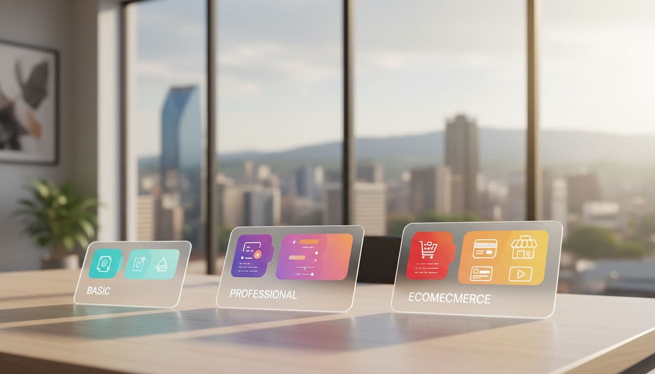 Clean infographic-style image featuring three website design pricing cards (basic, professional, eCommerce) arranged on a modern desk in a bright Nairobi office with city skyline view through the window.