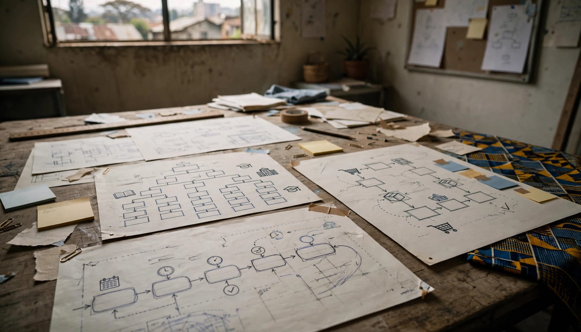 Paper website plans for bookings, school information, and shop orders lie on a table.