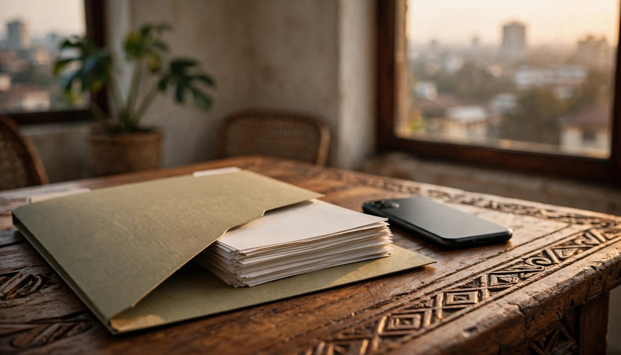 A project folder, proposal pages, and one phone sit on a wooden table.