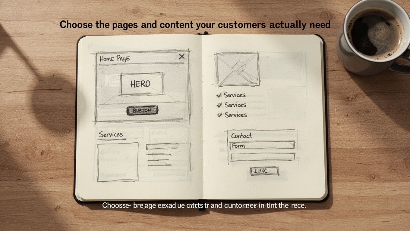 Top-down view of open notepad on wooden desk with pencil-drawn wireframe sketches of essential website pages like home, services, and contact form, minimalist style with subtle coffee mug shadow.