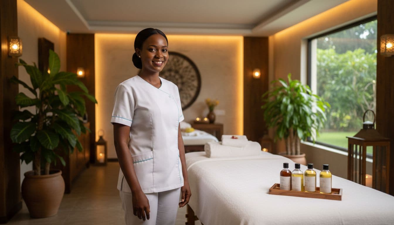 Professional female massage therapist in uniform smiles warmly while preparing a cozy treatment room next to a massage table with fresh linens and oils, in a serene Nairobi Kilimani spa with plants and soft lighting.