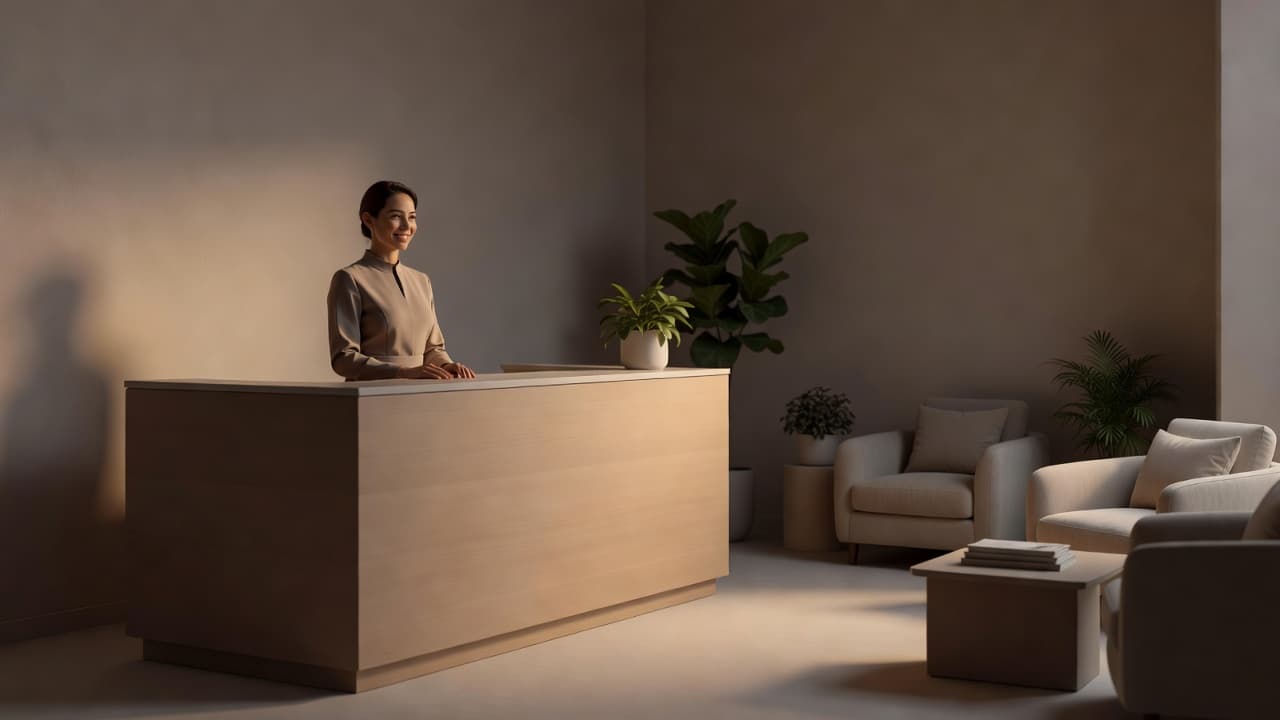 A smiling staff member stands behind a minimalist wooden counter in a tranquil spa. Soft ambient lighting illuminates indoor plants and neutral decor, creating a calm atmosphere for visiting guests.