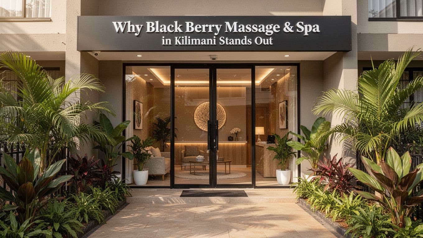 Massage 16 Cozy modern spa entrance in bustling Kilimani Nairobi neighborhood, featuring glass doors with warm interior glow and tropical plants flanking the path under daytime sunlight.