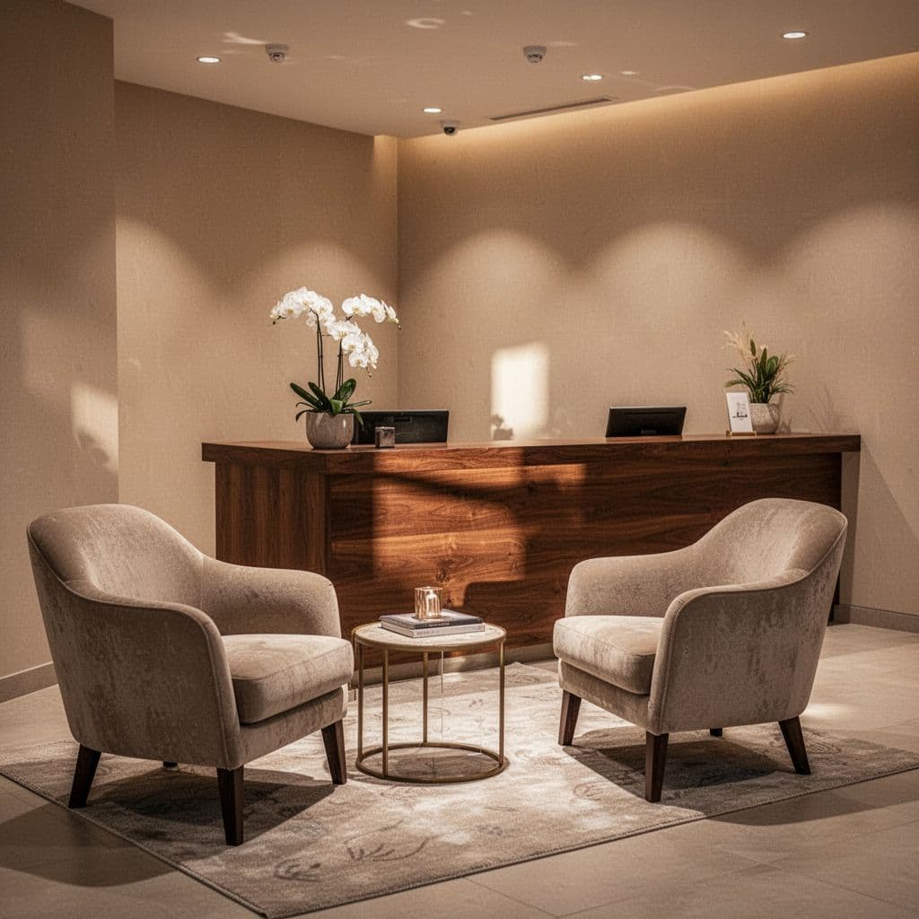 Plush beige armchairs sit beside a sleek wooden counter in this minimalist lobby. Soft golden lamps cast a warm glow across the polished stone floor, creating a quiet and inviting atmosphere.