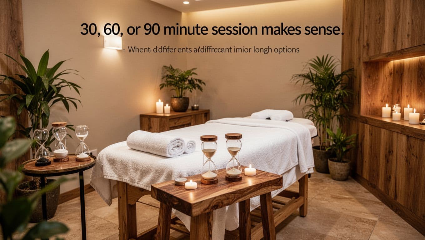 Serene professional massage room in Westlands Nairobi spa with central massage table, fresh towels, and three small hourglasses on side table for short, medium, and long sessions. Features soft warm lighting, plants, wooden elements in a realistic empty interior photo.