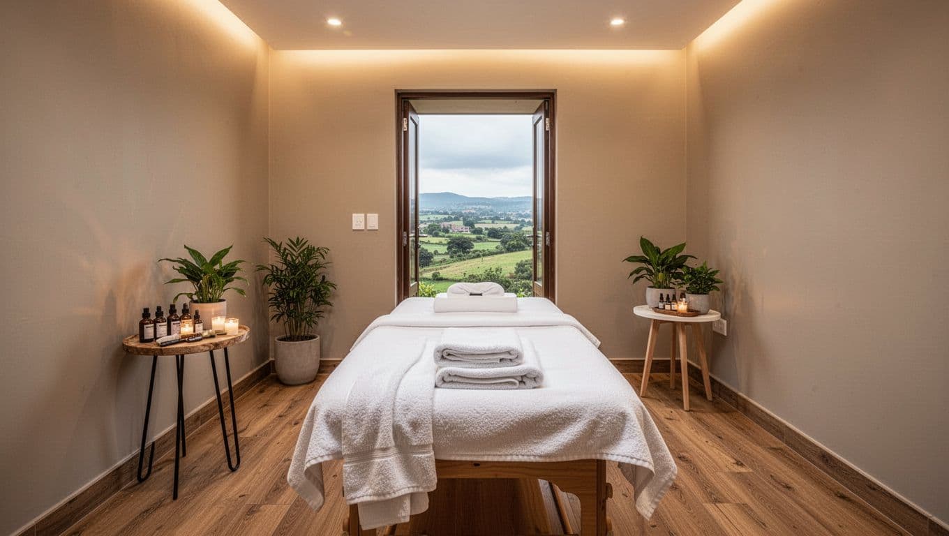 Calm spa treatment room interior in modern Westlands Nairobi with professional massage table, crisp white towels, essential oils, plants, soft warm lighting, wooden floors, neutral walls, and inviting atmosphere.