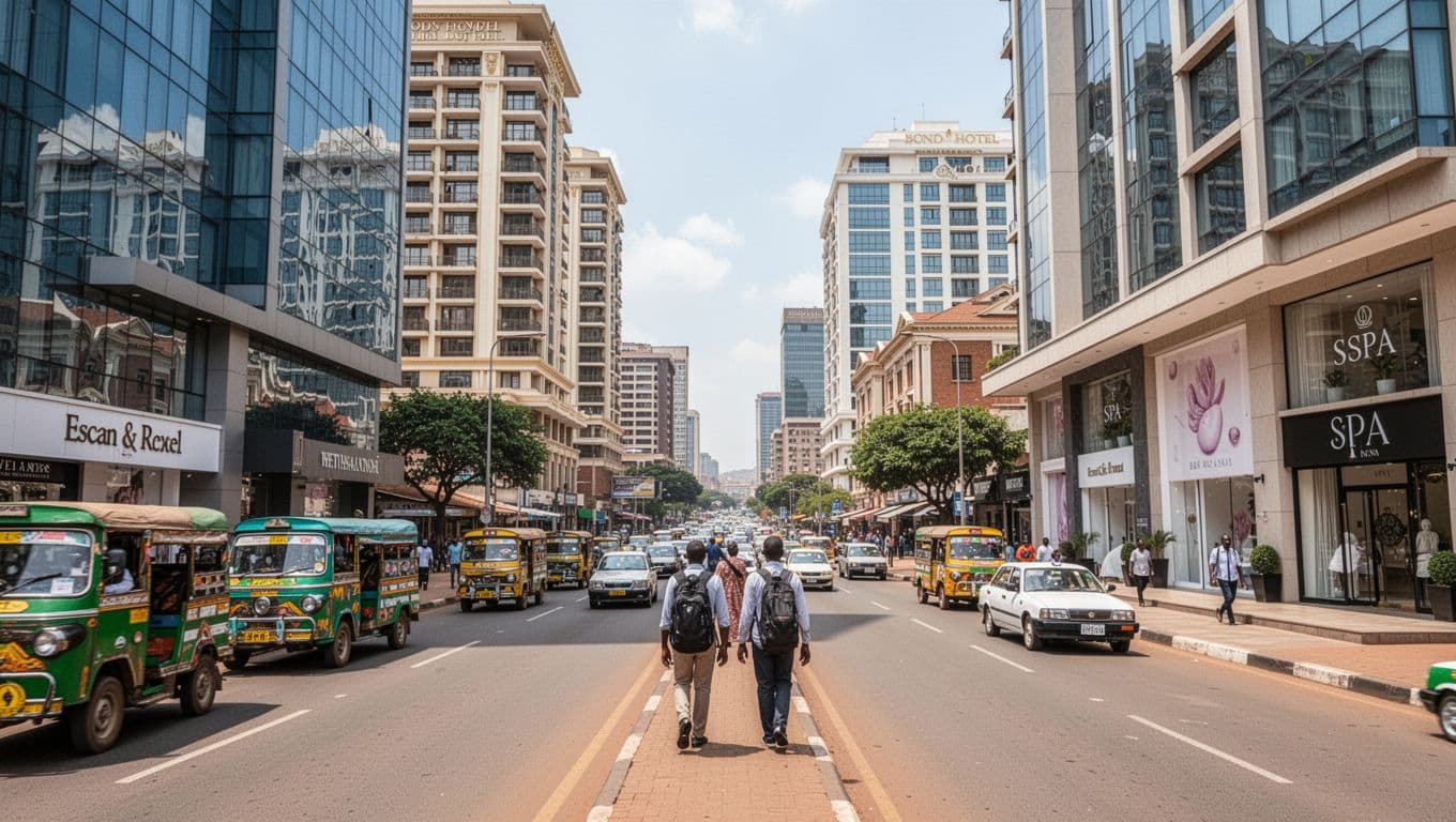 Vibrant daytime street in Westlands Nairobi's central business district features modern glass office buildings, luxury apartments, high-end hotels, matatus, taxis, and exactly two pedestrians walking towards spa entrances, capturing a bustling yet convenient urban vibe in realistic photography.