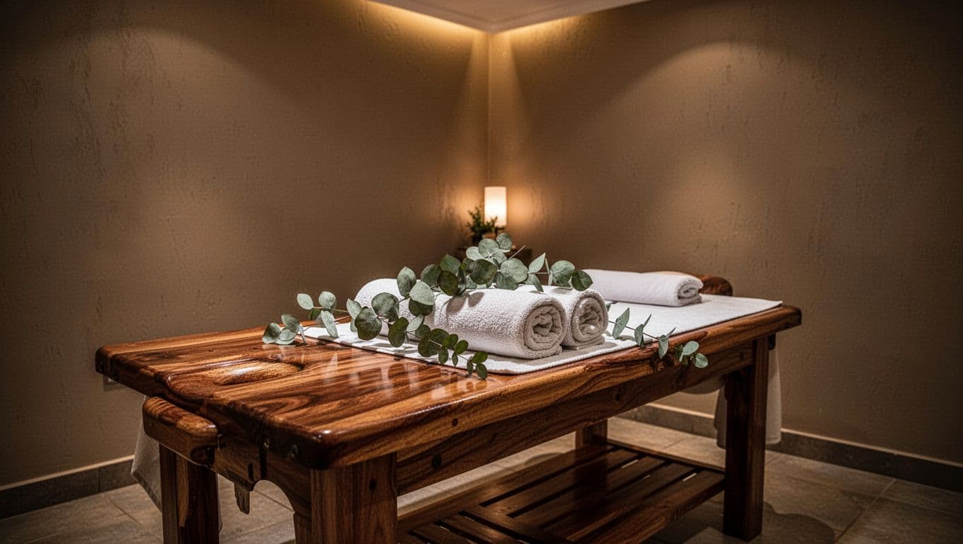A clean, warm spa room with a wooden massage table, rolled towels, and eucalyptus decor, creating a calming atmosphere at a reputable wellness center.