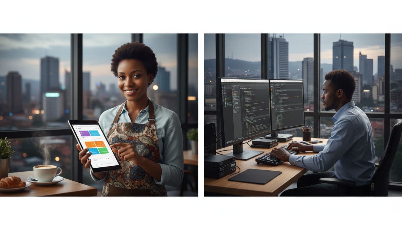 Split composition image: left side shows a barista in a cozy Nairobi cafe using Wix drag-and-drop editor on a tablet; right side depicts a developer coding a WordPress theme on a desktop, with Kenyan cityscape through windows.
