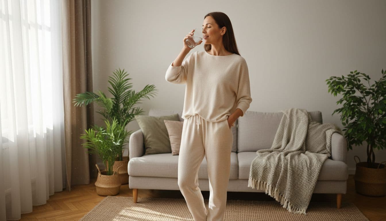 Calm mid-30s woman in loose comfortable clothes drinks water from a glass while doing a gentle neck stretch in a bright cozy living room, preparing for a deep tissue massage appointment with natural window light and relaxed pose.