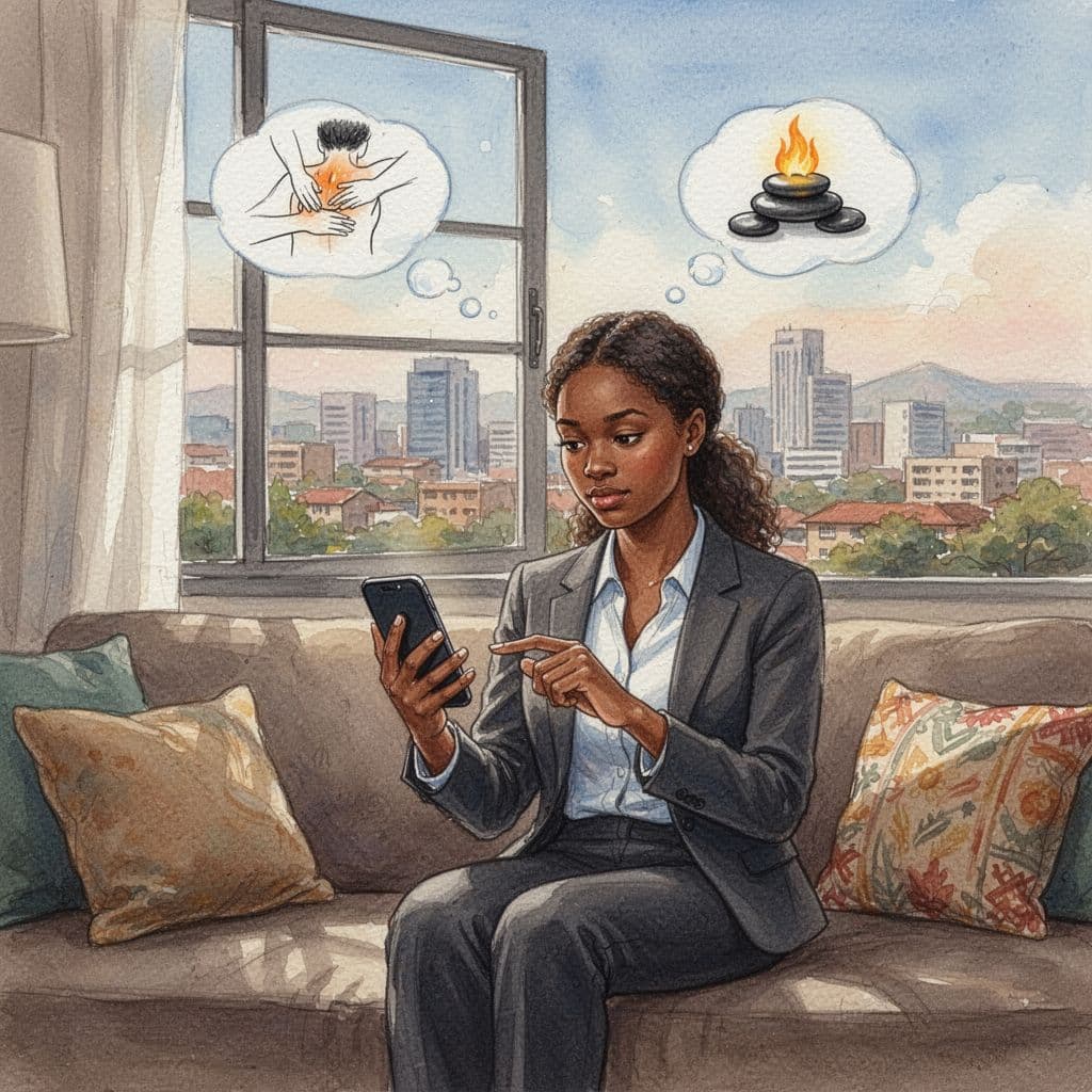 A young professional woman in a cozy Kilimani apartment sits on a couch holding her phone, searching massage types with subtle thought bubbles showing back massage and hot stones icons, Nairobi skyline through window, watercolor style.