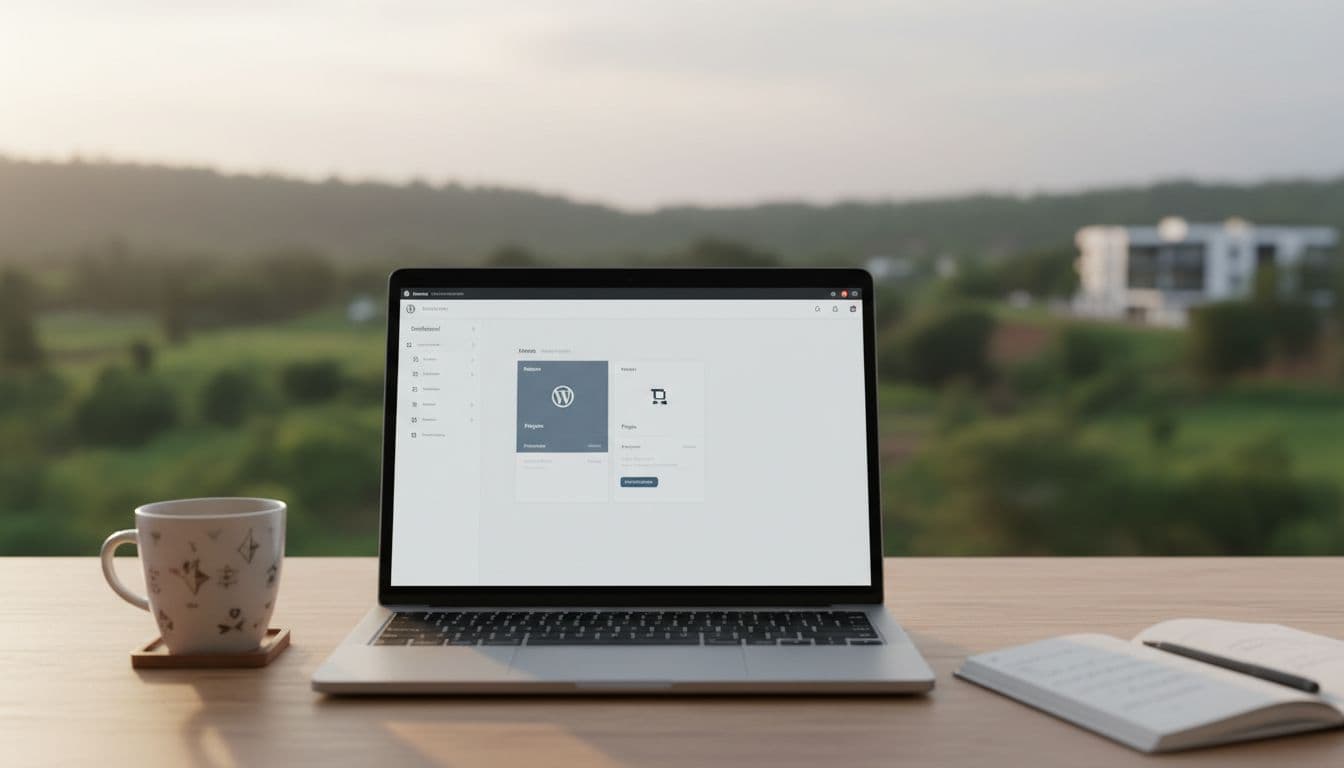 Modern WordPress dashboard on a laptop screen in a Kenyan workspace, surrounded by a coffee mug and notebook, emphasizing clean interface with plugins and pages under soft warm lighting, photorealistic style.