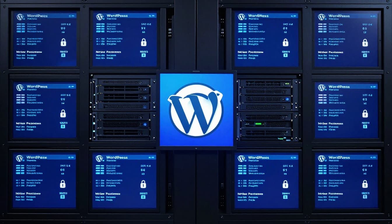 Modern data center rack optimized for WordPress hosting features performance graphs on monitors displaying high speed metrics and active security locks, with glowing blue servers in a realistic style under soft lighting.