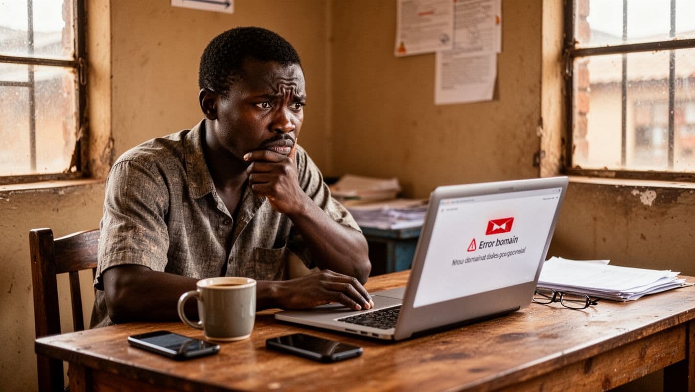 Kenyan small business owner in modest Nairobi home office looks worried at laptop screen showing vague domain error alert, rubbing chin thoughtfully with coffee mug and phone on wooden desk.