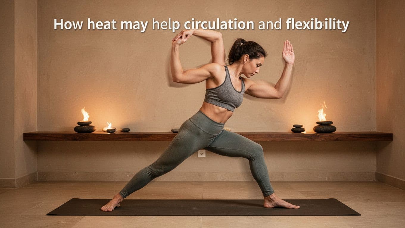 An athletic person demonstrates enhanced flexibility in a comfortable yoga stretch pose, illuminated by warm lighting in a spa-like setting with subtle hot stones on a nearby shelf.