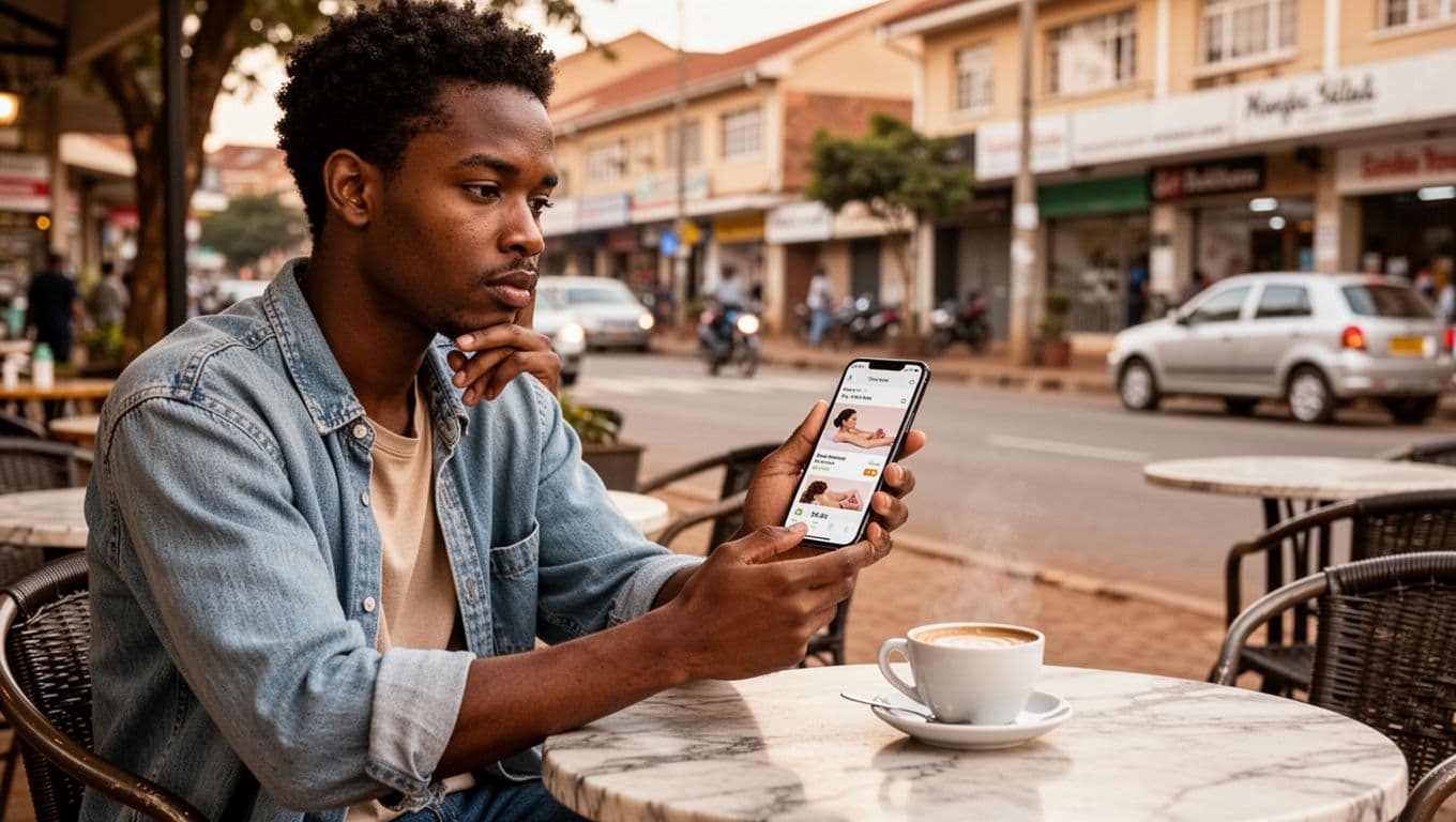 Massage SPA in Kilimani: A Practical Guide to Relaxation 8 Relaxed young adult in casual clothes sits at an outdoor cafe table in Nairobi's Kilimani district, holding a smartphone displaying spa reviews at an unreadable angle, with a thoughtful expression while scrolling, coffee cup nearby, and soft daylight urban background.