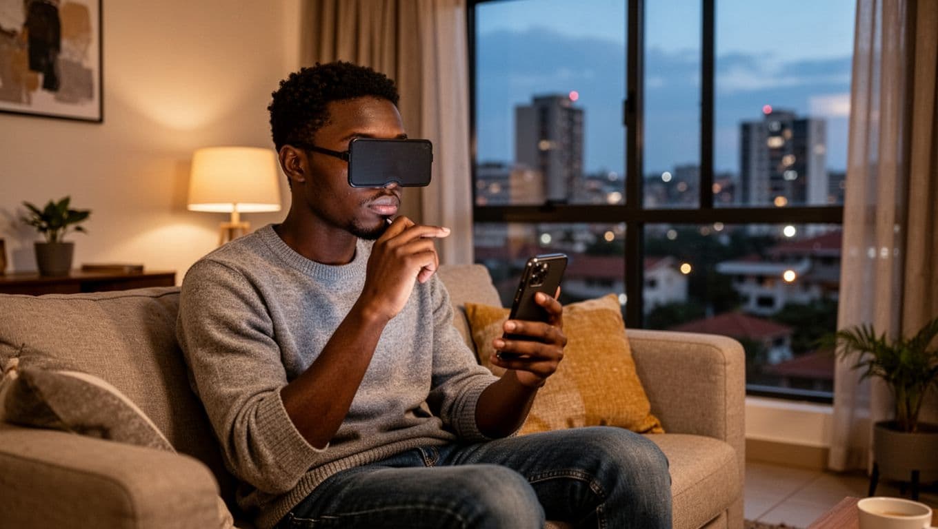 A young adult sits thoughtfully on a couch in a cozy modern Kilimani Nairobi apartment at evening, holding a smartphone with screen privacy-protected by strategic hand angle, soft warm lighting and city view window.