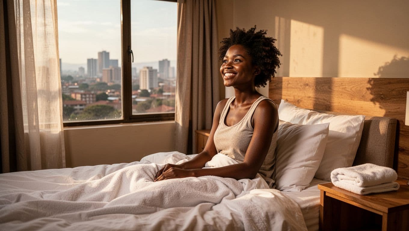 A young African woman sits up in bed looking refreshed and energized after a restful sleep, bathed in soft morning light with a view of the Nairobi skyline through the window and a folded white spa towel nearby in a cozy bedroom.