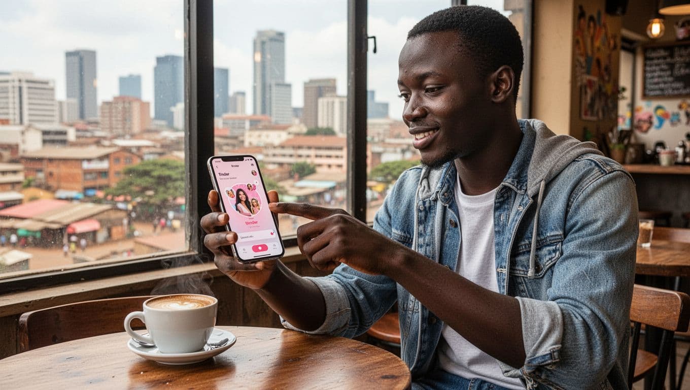 A young Kenyan man in casual clothes at a vibrant daytime Nairobi cafe swipes right on a dating app on his smartphone, with a coffee cup nearby and city skyline through the window, realistic photo style.