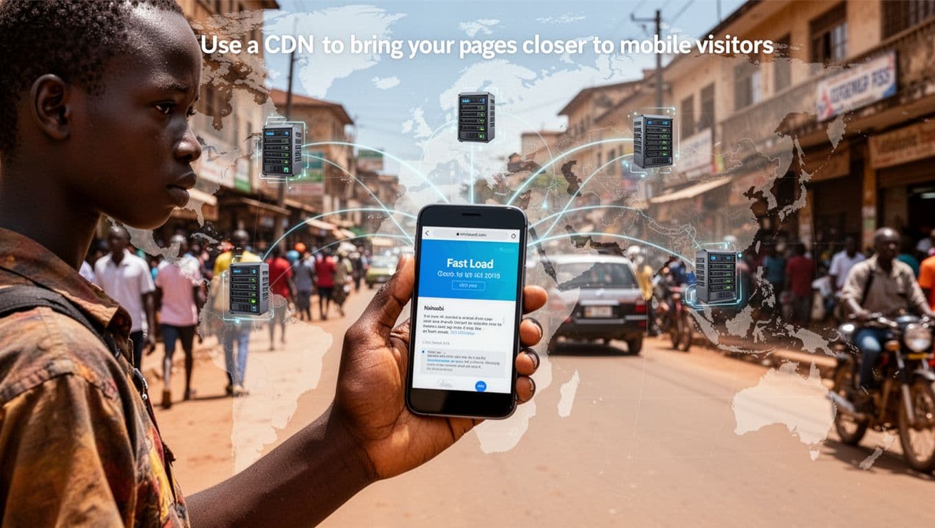 A single young Kenyan on a busy Nairobi street holds a smartphone displaying fast page load, connected by faint network lines to nearby African servers on a subtle map overlay, under vibrant midday sunlight.