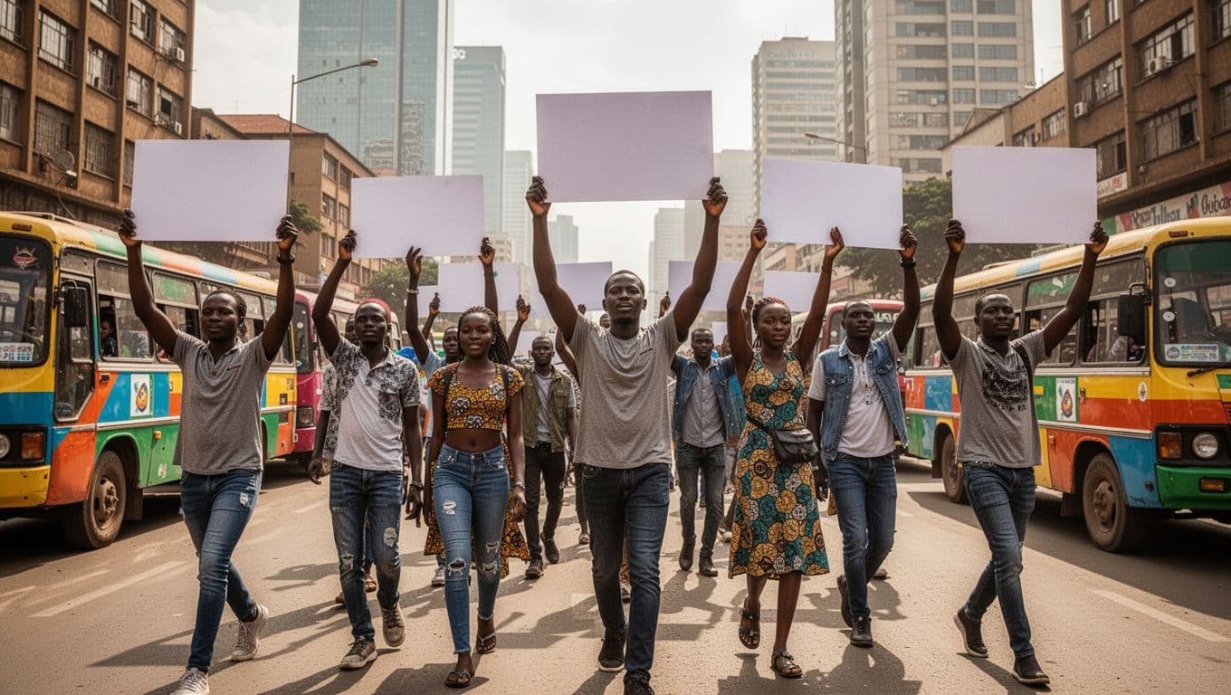 A diverse group of 8-10 young Kenyan men and women in casual clothes march peacefully on a busy Nairobi street lined with matatus and skyscrapers, holding blank signs high, captured from a low angle in sunny daylight.