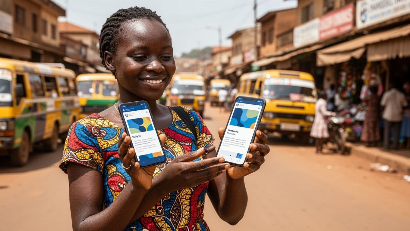 Young Kenyan woman shopper in colorful clothes stands on vibrant Nairobi street, holding smartphone relaxed in two hands viewing clean abstract website interface with pleased expression under bright midday sun.