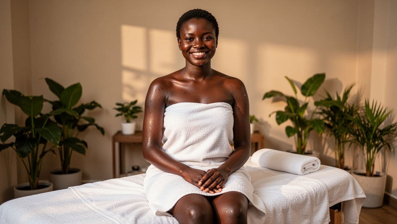 Best Full Body Massage Spa in Nairobi 4 Young Kenyan woman sitting on spa bed after full body massage, wrapped in white towel, glowing skin, relaxed smile, serene spa room with plants and natural light.