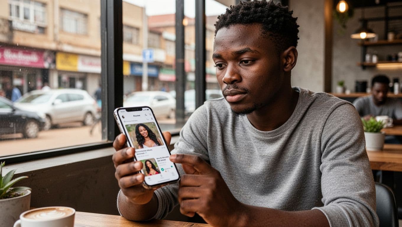 Exactly one young man sits in a cozy modern cafe in Kilimani, Nairobi, holding a smartphone close with its screen angled away, showing faint blurred thumbnails of women's profile photos and details, displaying a focused thoughtful expression. Background features an urban street view through the window under natural daylight lighting in a realistic photo style.