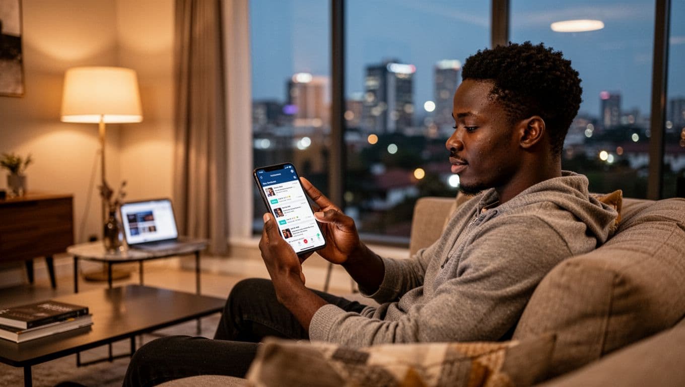 A single young adult man sits relaxed in a modern Nairobi living room at evening, checking smartphone for nightlife reviews with screen angled away and blurred app interface. Soft warm lighting from a lamp highlights the scene, featuring a city skyline view through a large window in realistic photo style.