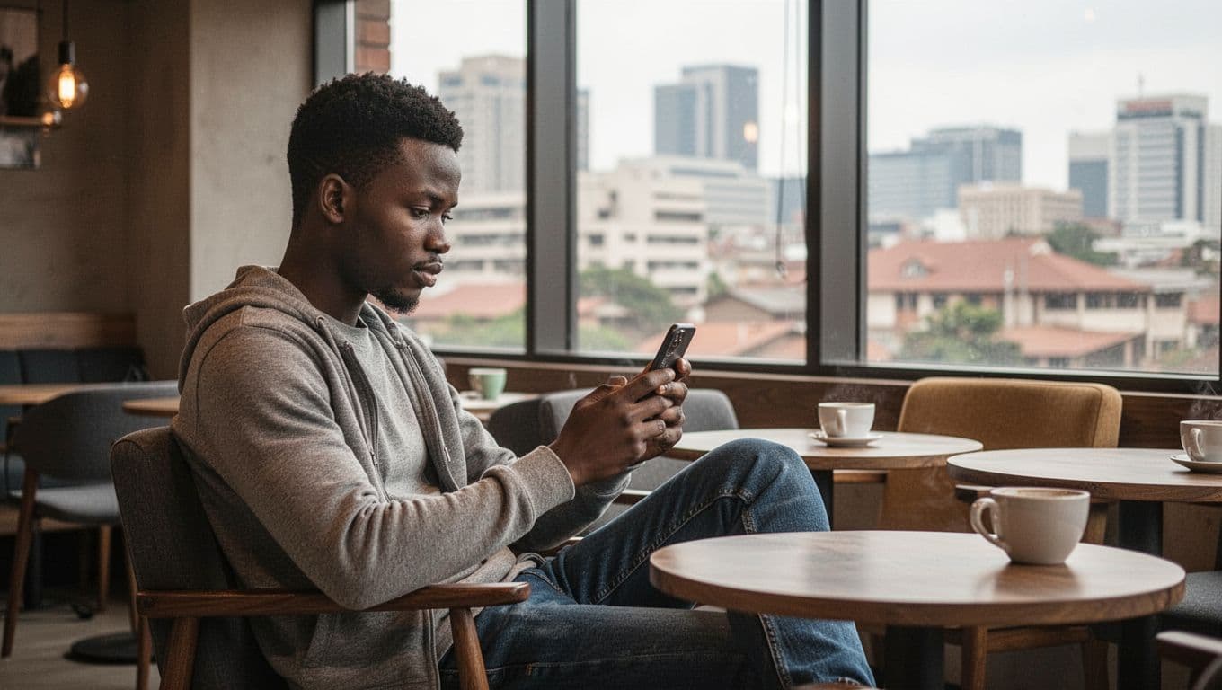 A young adult male sits alone in a quiet modern cafe in Nairobi, holding a smartphone with screen facing away, browsing discreetly in a relaxed posture under soft natural light from a window with city view.