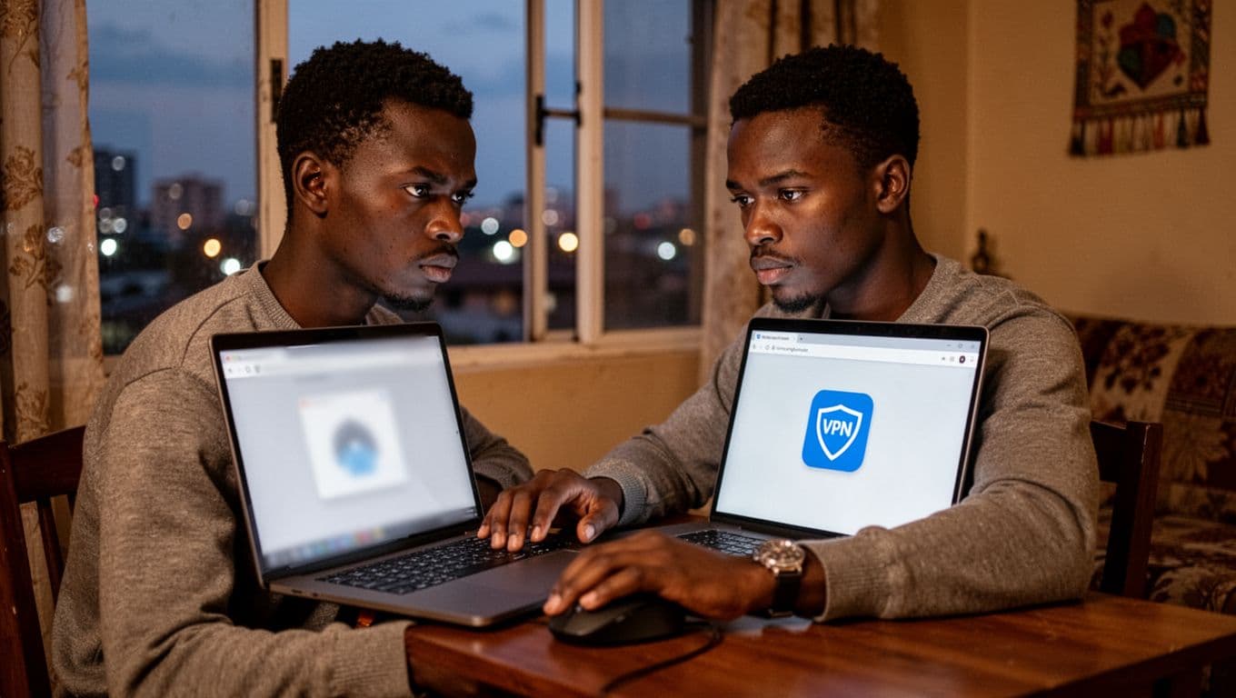 A focused young man in a cozy Nairobi apartment at evening works on a laptop showing a blurred incognito browser and VPN app, promoting safe online privacy habits.